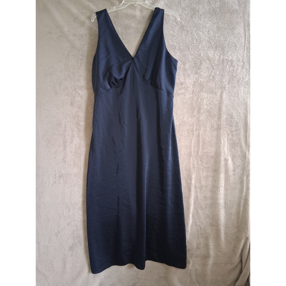 Old Navy Maxi Slip Dress L Navy Blue Satin V-Neck Empire Waist Wedding Guest 90s